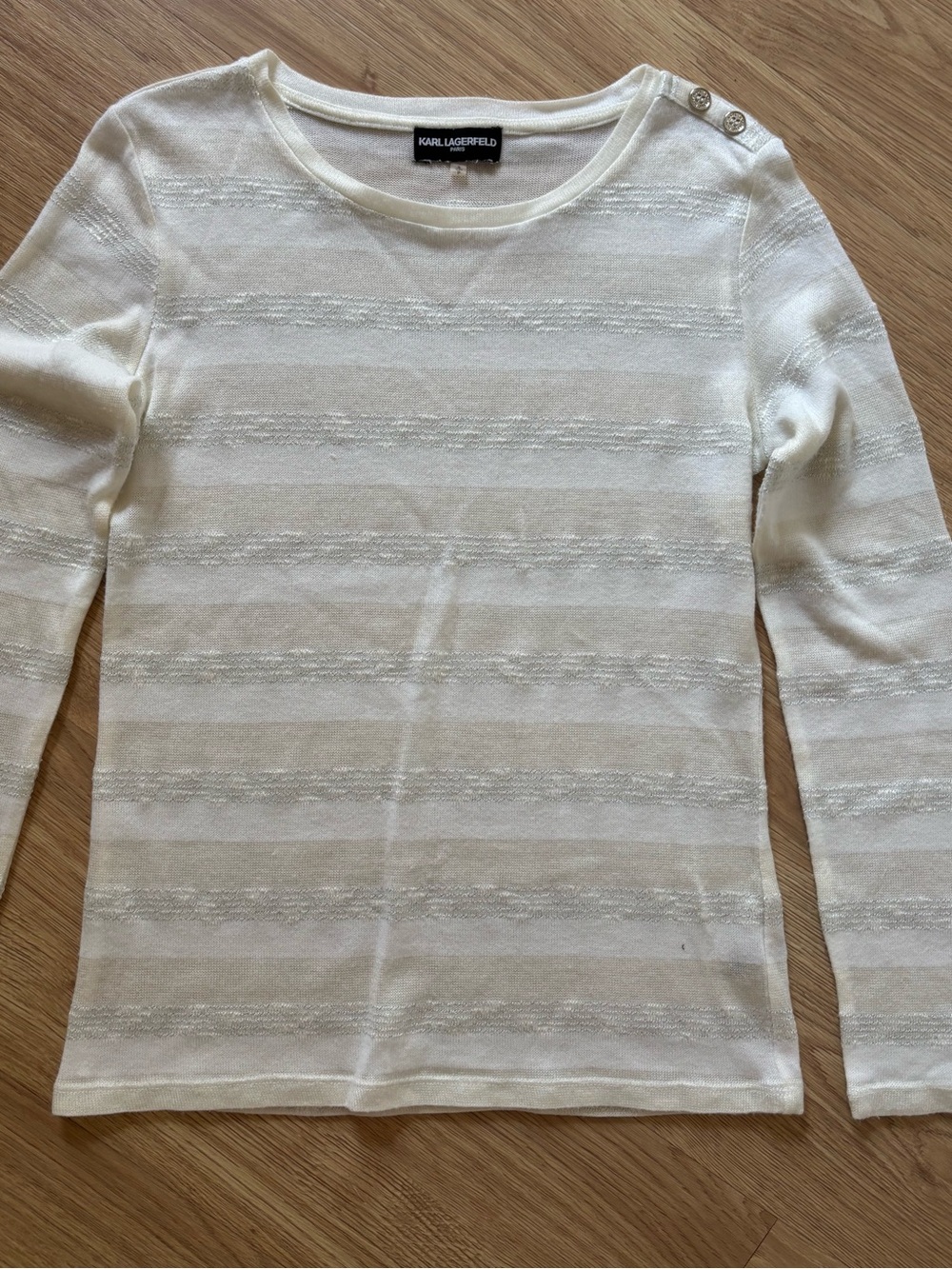 Karl Lagerfeld Cream Striped Boatneck Sweater with Shoulder Buttons